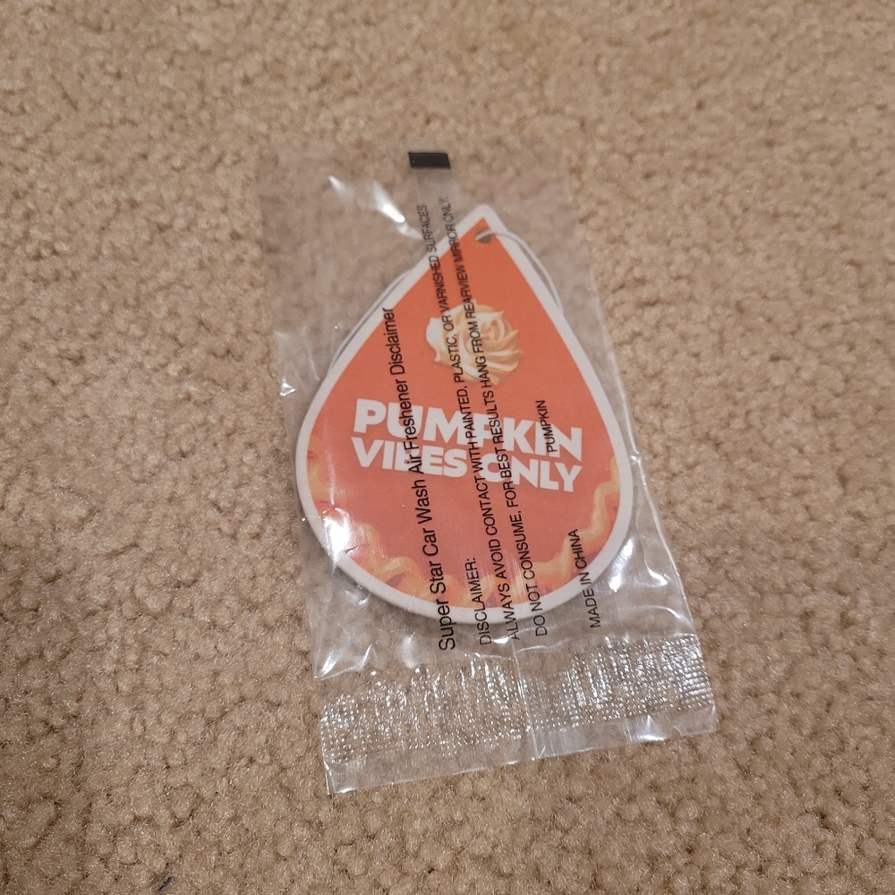 "Pumpkin Vibes Only" air freshener from Super Star Car Wash. 